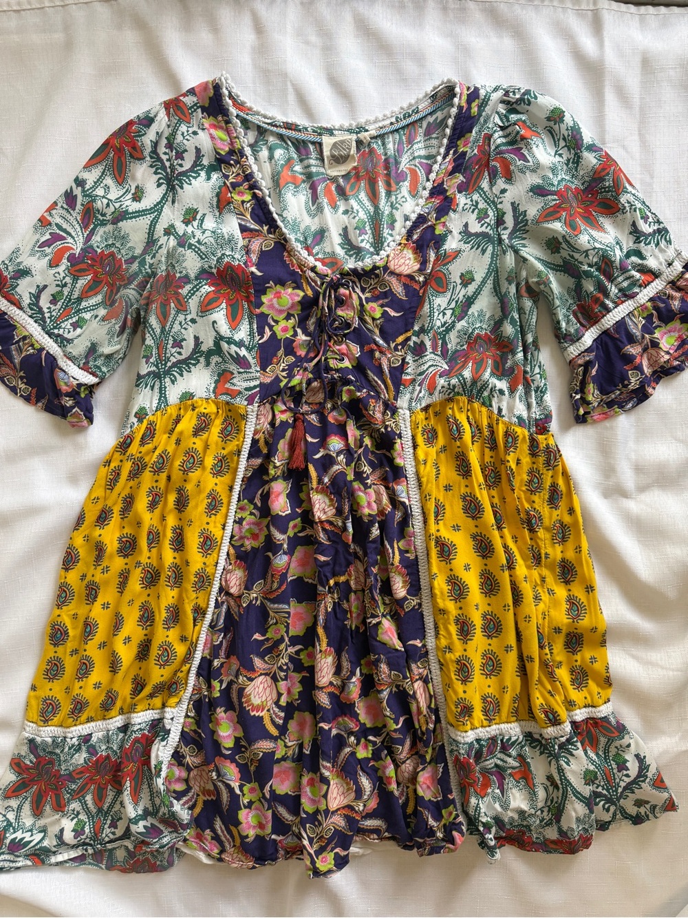 Anthropologie Lilka Patchwork Trapeze Dress Size Medium Boho Floral Rayon - Picture 1 of 10